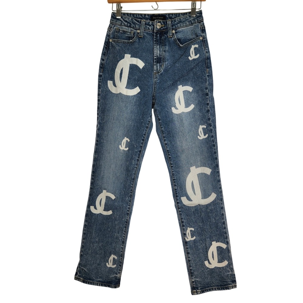 Juicy Couture Monogram Logo Straight‎ Leg Jeans Medium Wash Blue Denim Womens 26